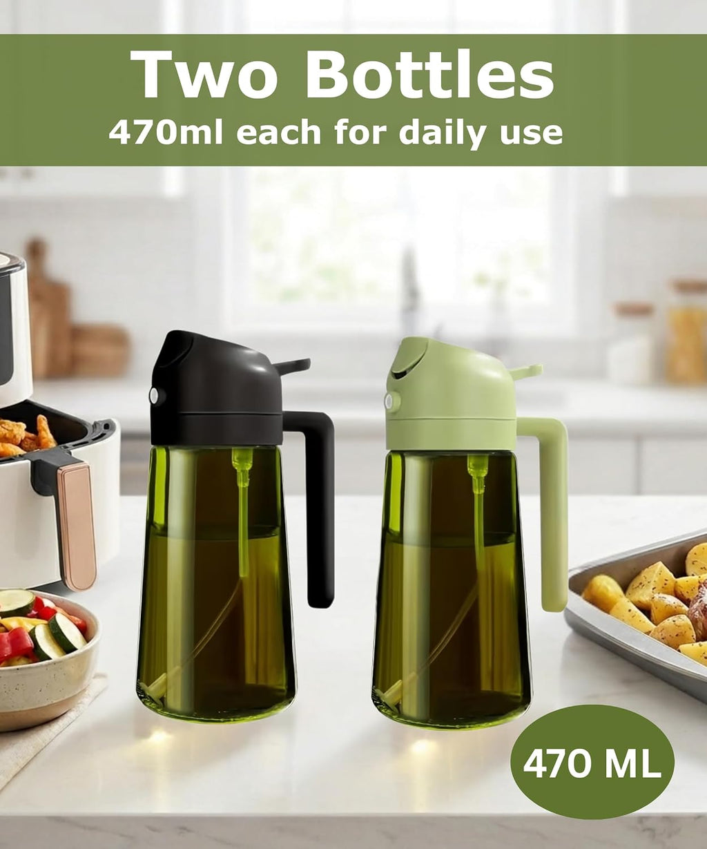 Glass Oil Spray Bottle - 470Ml Olive Oil Sprayer Mister Pouring for Cooking Air Fryer - Vinegar Dispenser Kitchen Gadget for Salad BBQ Baking Roasting and Food Prep - Pack of 2 Bottles