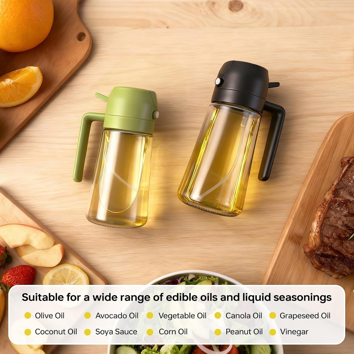 2Pack Glass Oil Sprayer for Cooking 16Oz/470Ml, 2 in 1 Oil Dispenser with Label Stickers & Portion Control, Kitchen Gadget for Air Fryer, Salad, BBQ, Frying（Black+Green）