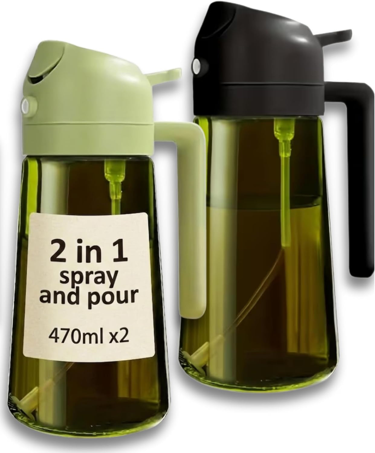 Glass Oil Spray Bottle - 470Ml Olive Oil Sprayer Mister Pouring for Cooking Air Fryer - Vinegar Dispenser Kitchen Gadget for Salad BBQ Baking Roasting and Food Prep - Pack of 2 Bottles