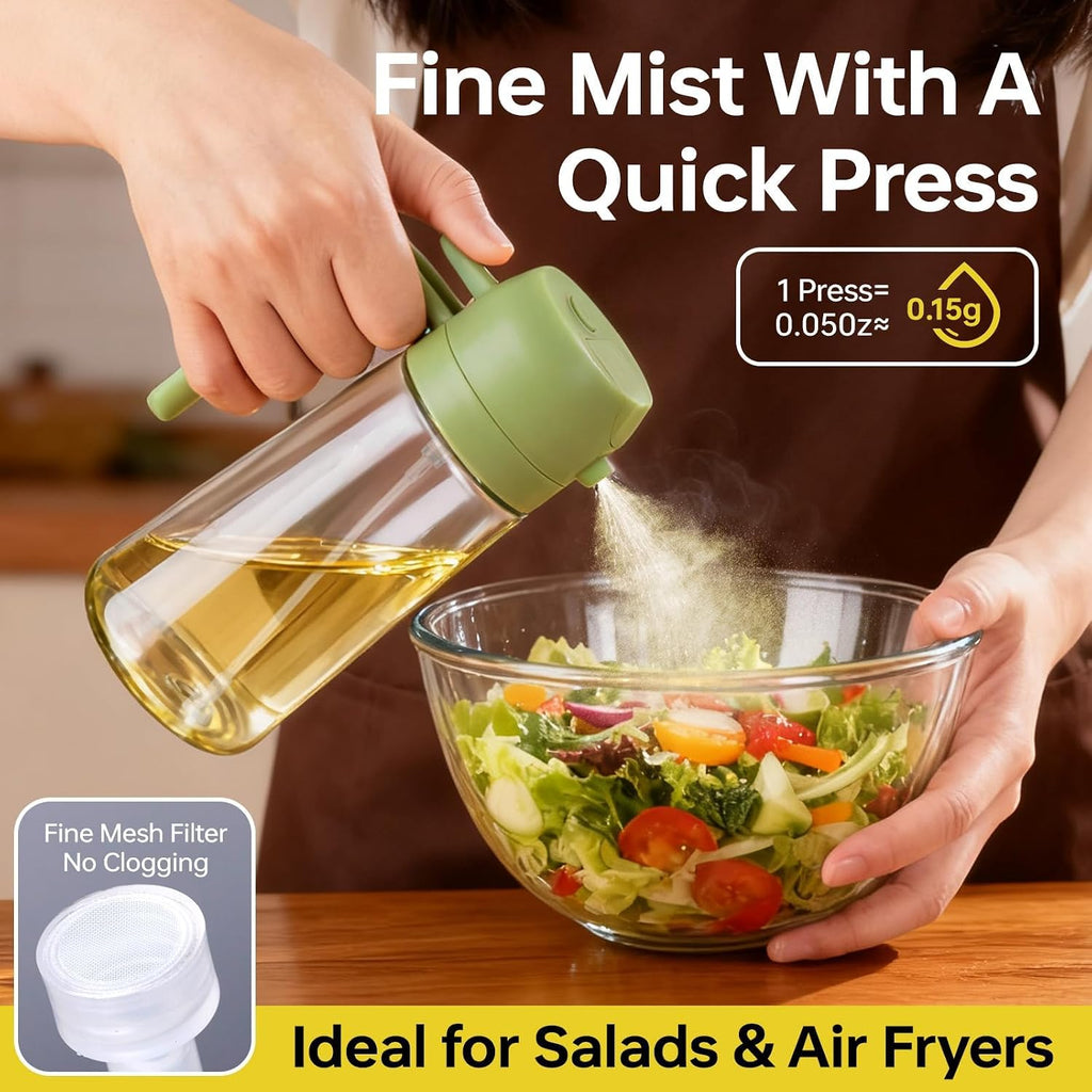 2Pack Glass Oil Sprayer for Cooking 16Oz/470Ml, 2 in 1 Oil Dispenser with Label Stickers & Portion Control, Kitchen Gadget for Air Fryer, Salad, BBQ, Frying（Black+Green）