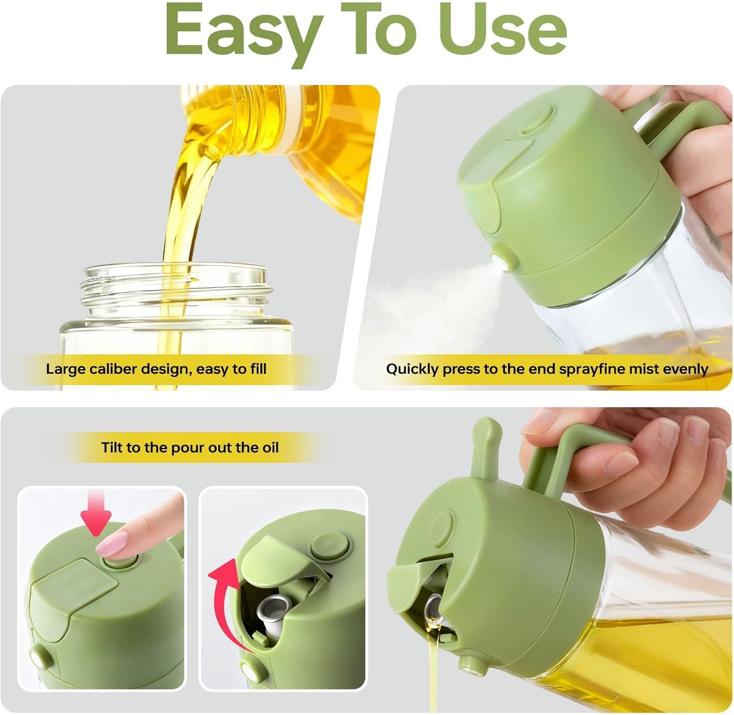 2Pack Glass Oil Sprayer for Cooking 16Oz/470Ml, 2 in 1 Oil Dispenser with Label Stickers & Portion Control, Kitchen Gadget for Air Fryer, Salad, BBQ, Frying（Black+Green）