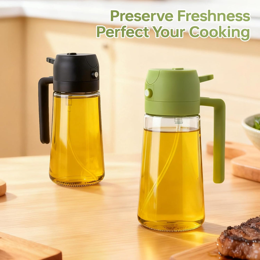 2Pack Glass Oil Sprayer for Cooking 16Oz/470Ml, 2 in 1 Oil Dispenser with Label Stickers & Portion Control, Kitchen Gadget for Air Fryer, Salad, BBQ, Frying（Black+Green）