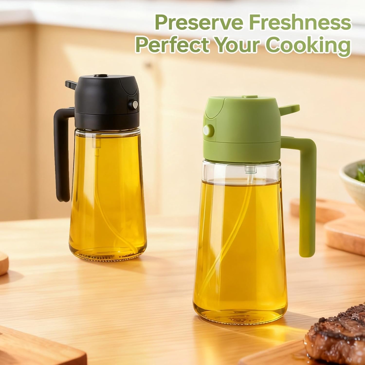 2Pack Glass Oil Sprayer for Cooking 16Oz/470Ml, 2 in 1 Oil Dispenser with Label Stickers & Portion Control, Kitchen Gadget for Air Fryer, Salad, BBQ, Frying（Black+Green）