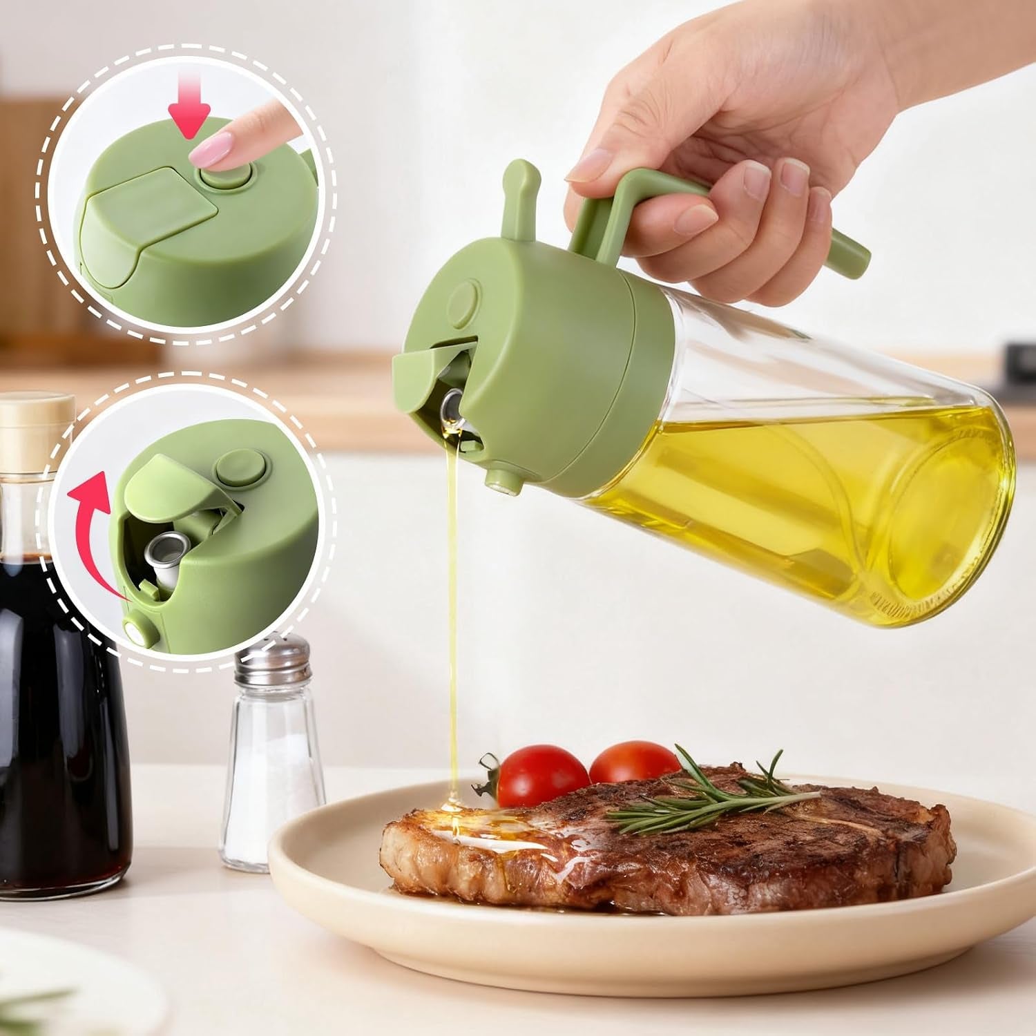 2Pack Glass Oil Sprayer for Cooking 16Oz/470Ml, 2 in 1 Oil Dispenser with Label Stickers & Portion Control, Kitchen Gadget for Air Fryer, Salad, BBQ, Frying（Black+Green）